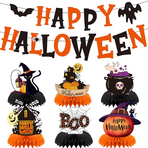 Halloween Decorations Honeycomb Centerpieces & Banner Set - 7PCS Spooky Party Supplies