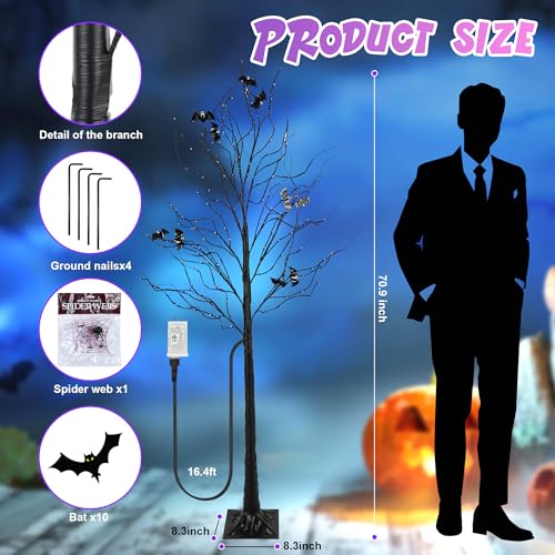 Purple & Orange Halloween Lighted Tree with 260 LEDs, 6FT, Dimmable & Timer, Indoor Outdoor Decorations