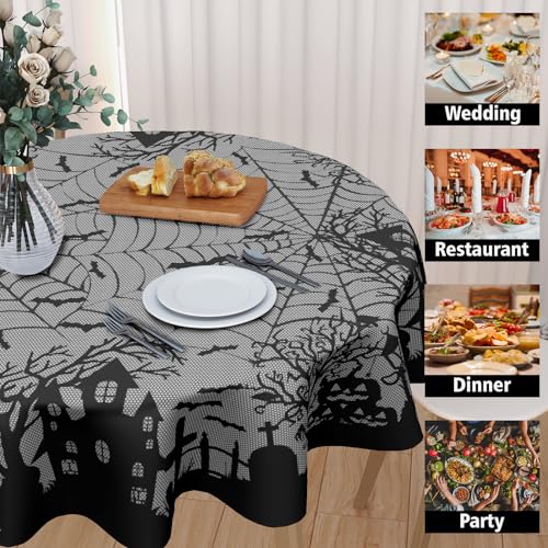 Kawani Halloween Round Tablecloth 60 Inch Spooky Pumpkins Bats Web Black Gray