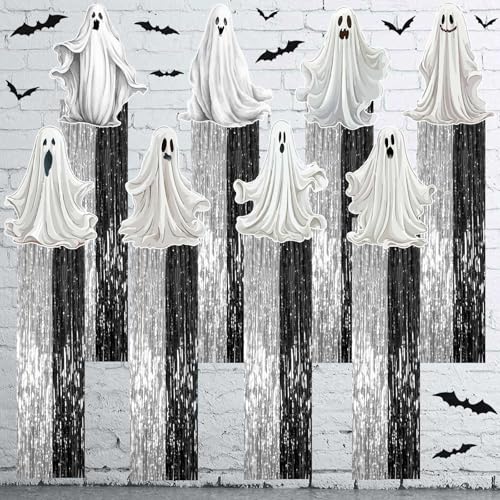 8PCS Outdoor Halloween Ghost Decorations with Silver Tassels for Lawn Garden & Wall