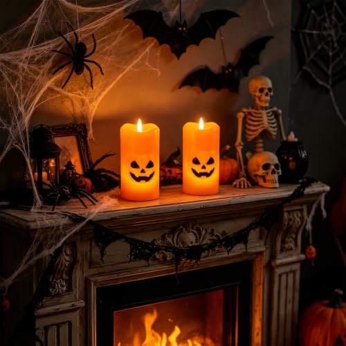 2 Pack Halloween Pumpkin Flameless LED Candles with 6 Hour Timer - Spooky Indoor Decor