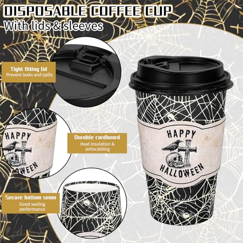 Halloween Spider Web Disposable Coffee Cups 16oz with Lids & Sleeves - Trick or Treat Party Supplies