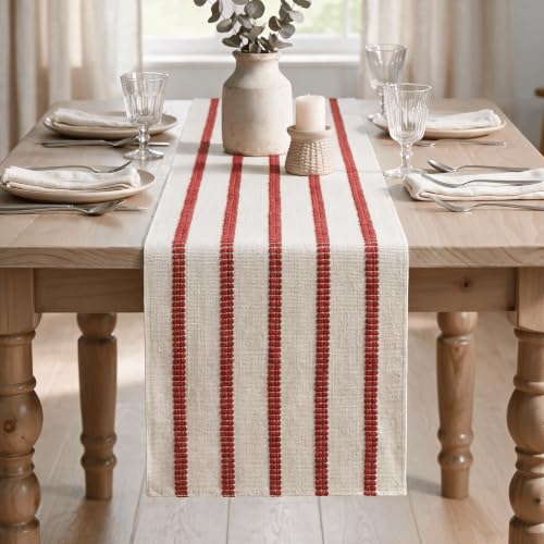 Red Farmhouse Woven Stripe Christmas Table Runner 12x120 Inch - Holiday Decor