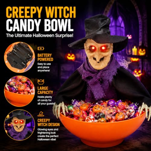 Animated Halloween Witch Candy Bowl with Moving Arms & Glowing Eyes