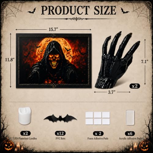Halloween Wall Decor 3D Grim Reaper Skeleton Hands with LED Candles, Haunted House Gothic Art