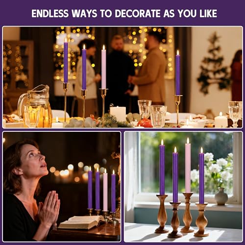 Flameless Taper Candles with Remote - Real Wax Advent Candles Set - Purple & Pink