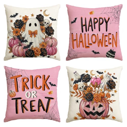 Halloween Throw Pillow Covers 18x18 Inch Set of 4 Ghost Pumpkin Bat Decor