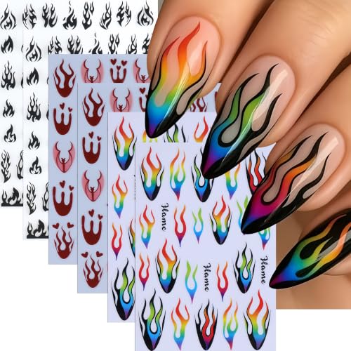 Halloween Flame Nail Stickers Set - Self-Adhesive Rainbow Gradient Flame Decals, Style 08