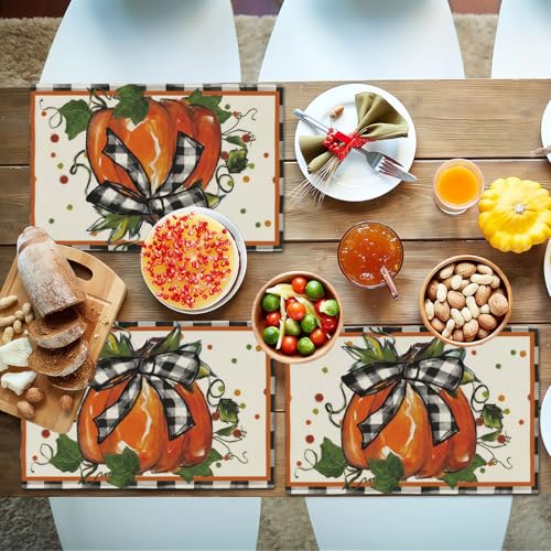 Autumn Pumpkin Buffalo Plaid Placemat Set of 4 - Fall Garden Linen Table Mats E