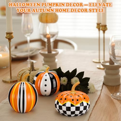 3-Piece Fall Halloween Black and White Pumpkin Decor Set - Resin Autumn Ornaments