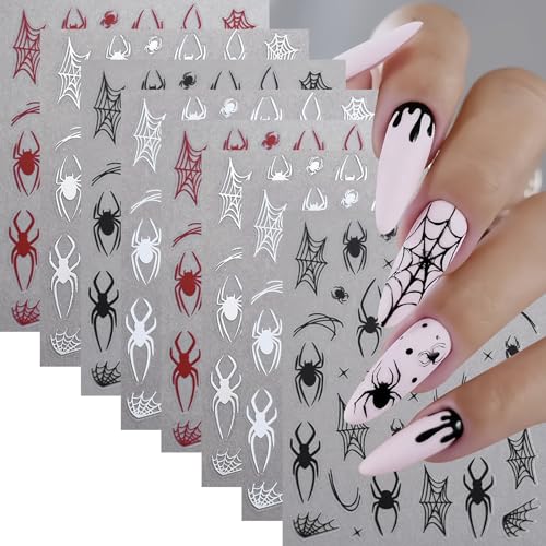 Halloween Spider Nail Stickers Set - Self-Adhesive Web & Spider Design for DIY Nails - 8 Sheets