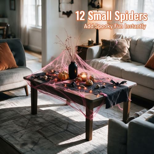 Small Pink Halloween Spider Web Decoration Kit with 12 Fake Spiders - Stretch Cobwebs Indoor Use