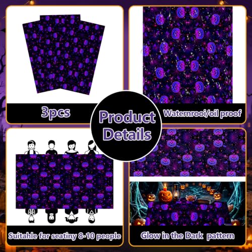 Glow in the Dark Halloween Plastic Tablecloth Set - 52x87 Inches, Iridescent Spiderweb & Pumpkin Design, Waterproof Party Decor for Indoor Outdoor Events