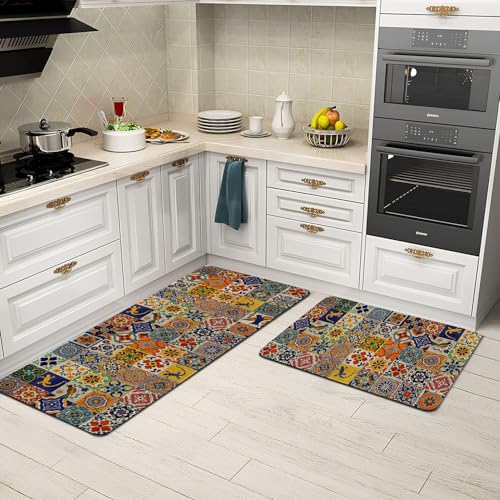 Mexican Talavera Kitchen Rugs Set of 2 Non Slip Washable Floor Mats - Mexican Tile Pattern
