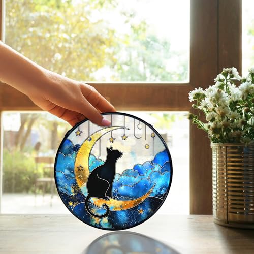 Black Cat on Moon Stained Glass Window Hanging - Celestial Sun Catcher, 7.9 Inches