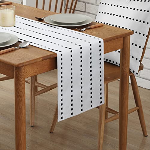 Boho Table Runner with Geometric Polka Dots - Black & White Burlap 13x108 Inch, Variation GeometryQKR2767
