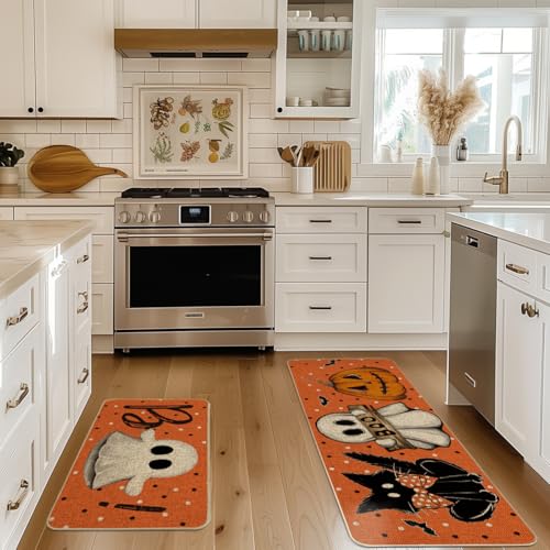 Halloween Kitchen Mats Set of 2 - Ghost Boo Orange Non-Slip 17x29 & 17x47 Inches
