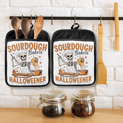 Halloween Skeleton Pot Holders with Pockets - Heat Resistant Oven Mitts for Baking & Cooking