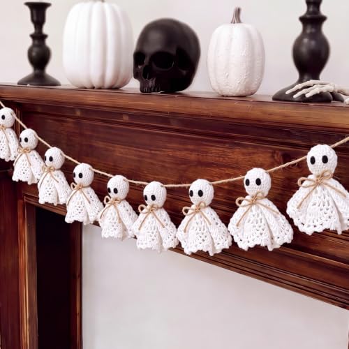 Halloween Ghost Garland 6.5 ft Lace & Jute Rustic Decor for Mantle & Party