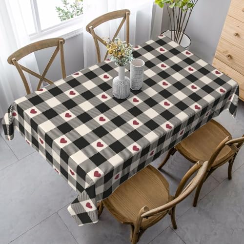 BETGINY Checkered Valentine Tablecloth 60x104 Inch Black & Red Heart Pattern