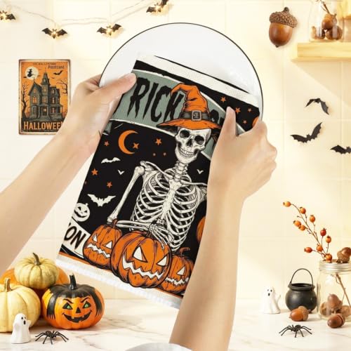Halloween Kitchen Towels Set - Vintage Skull Pumpkin Witch 16x24 Inches