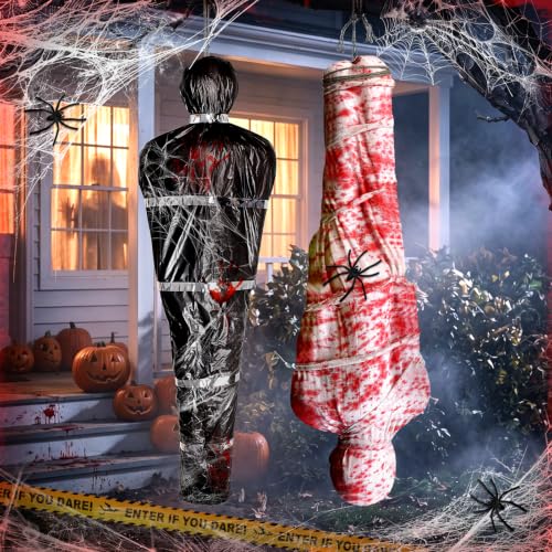 Halloween Body Bag Decorations Set - Outdoor Hanging Corpse Props with Rope & Blood Stains