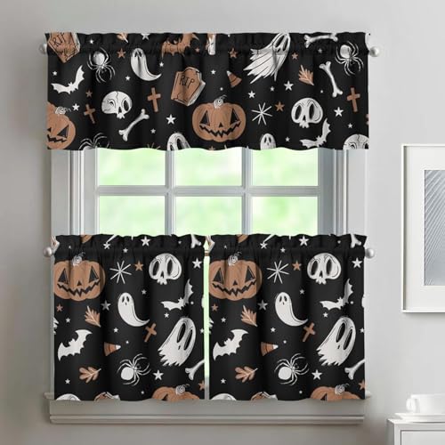 Halloween Kitchen Curtains and Valances Set of 3 - Goth Pumpkin Ghost Decor, 27.5W x 24L