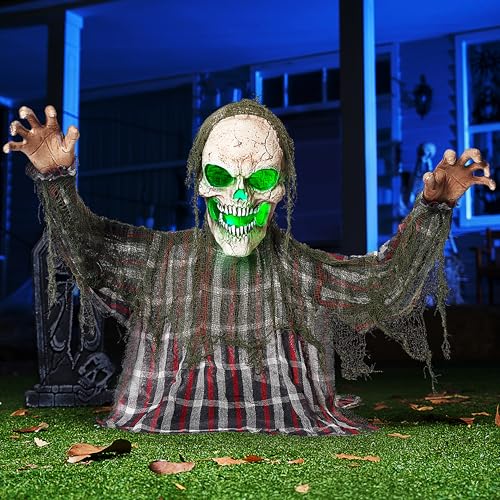 Halloween Animatronic Skeleton Groundbreaker Decor with Moving Arms & Green Light - Outdoor Yard Prop