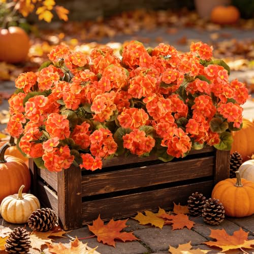 Artificial Fall Flowers for Outdoors, 6PCS Silk Orange Geraniums - Autumn Decor