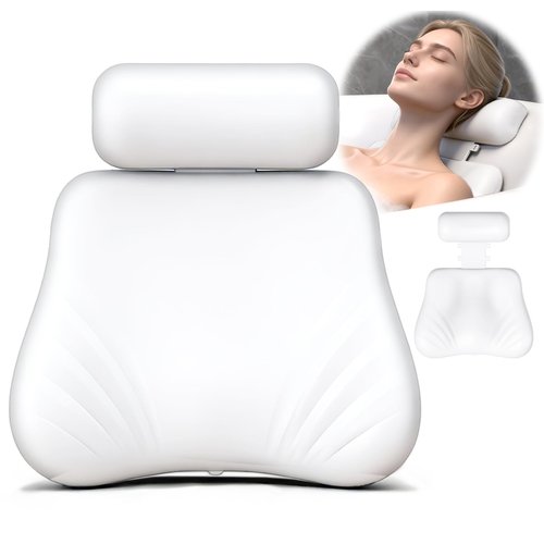 Silicone Bath Pillow, Upgraded Bath Pillows for Tub, Adjustable Height Bathtub Pillow for Head and Neck, 4D Luxury Tub Pillow Skin-Friendly Large Suction Cups Stability, Spa Relaxation-White