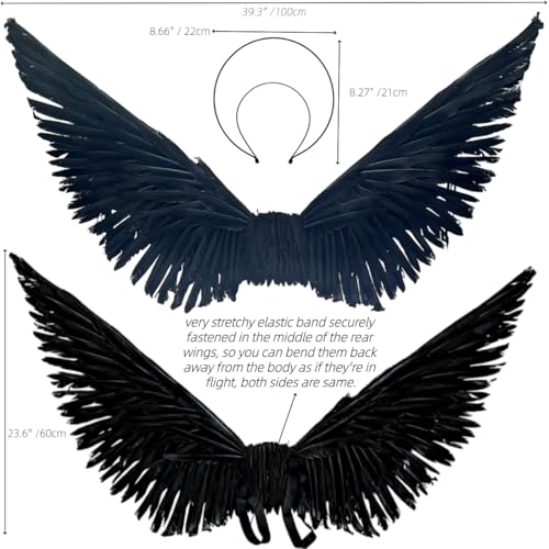 Black Angel Wings and Halo Headband Set Costume Accessory for Adults & Kids - Halloween, Cosplay, Parties (Black)