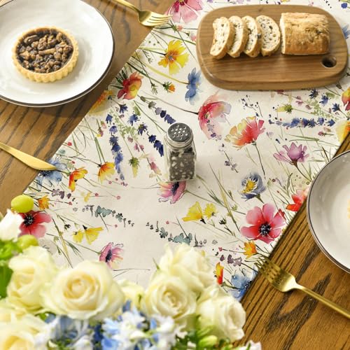 13x120 Inch Lavender Daisy Floral Table Runner for Dining & Party Decor - Off-White