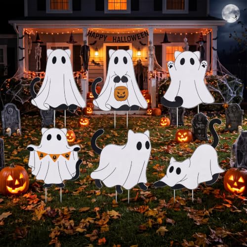 Halloween Ghost Cat Yard Signs with Stakes - Outdoor Decorations Set of 6