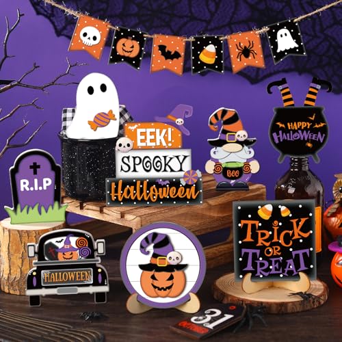 Umigy Halloween Tiered Tray Decor Set - 15 Pumpkin Wooden Signs with Boo Theme