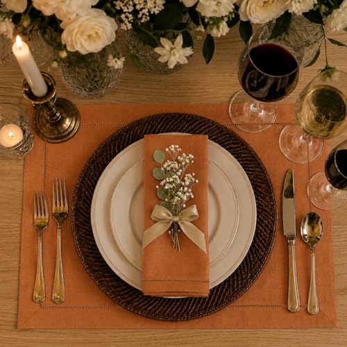 Rust Linen Placemats Set of 4 - 14 x 19 Inch Hemstitch Table Mats - Fall & Weddings