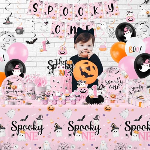 Pink Halloween First Birthday Party Decorations Set for Girl - Spooky Theme, Serves 24