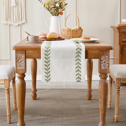 Embroidered Light Green Table Runner 13x90 Inches - Elegant Linen & Polyester