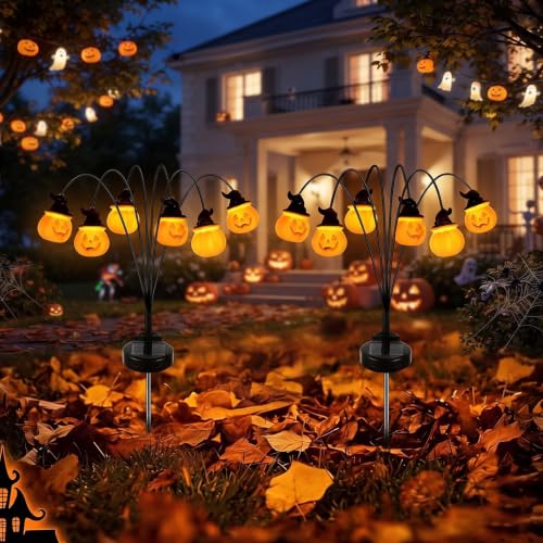 JUSTUP 2 Pack Halloween Pumpkin Solar Stake Lights - Orange, Waterproof Outdoor Garden & Lawn Decor with Auto Sensor & 6 LEDs