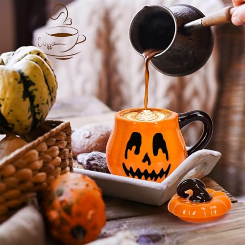 JUSTUP Pumpkin Shaped Ceramic Coffee Mug - Halloween & Thanksgiving Orange Cover Cup - 0.7 Pound Cartoon Breakfast & Dessert Cup