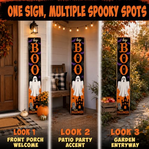 Hey Boo Halloween Porch Sign - Rustic Wooden Welcome Decoration with Ghosts & Tombstones - 47.2 Inch Vertical Farmhouse Style Halloween Sign - Variation: Hey Boo-2026