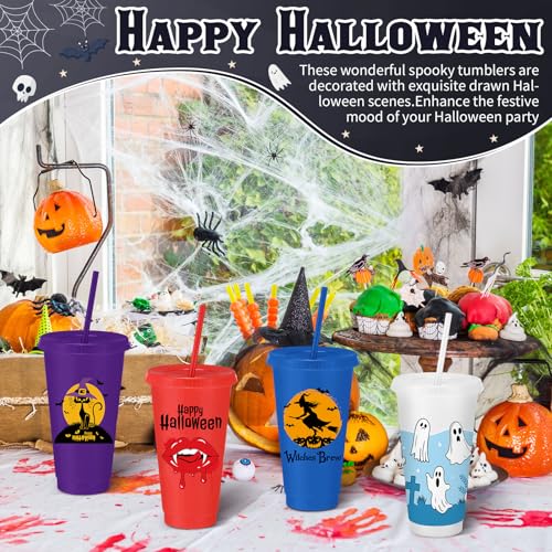 Halloween Plastic Cups with Lids & Straws - 24 Oz, Stylish Design, 24 Pack