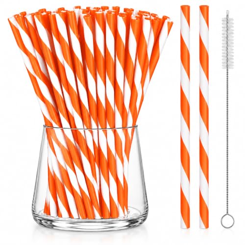 Orange Reusable Plastic Straws - 50 Pack, Wide Stripe, 9 Inch, BPA Free