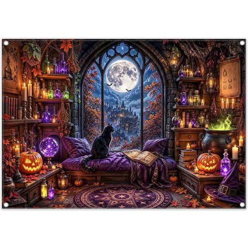 Halloween Window Backdrop 7x5ft Witch Room Banner for Party Decor