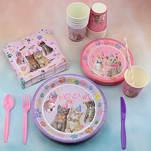 Cat Birthday Party Supplies Set Includes Plates Cups Balloons & Backdrop for Kids - Serves 20