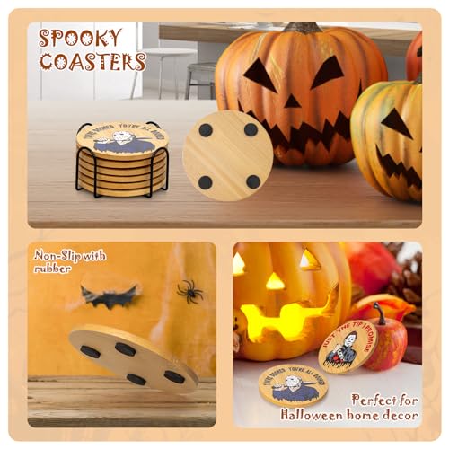 TuTuArt Bamboo Horror Movie Character Coasters Set with Holder - Halloween Drink Accessories