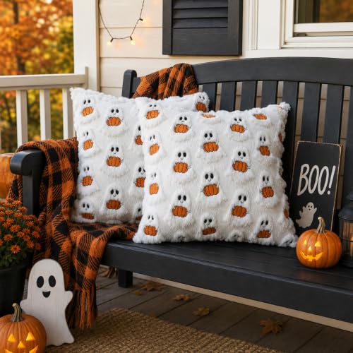 Halloween Pillow Covers 18x18 Inches - 2 Pack Ghost Pumpkin Plush Cushion Covers - Orange
