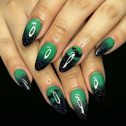 Halloween Press On Nails Green Black - Medium Almond Fake Nails Style-28