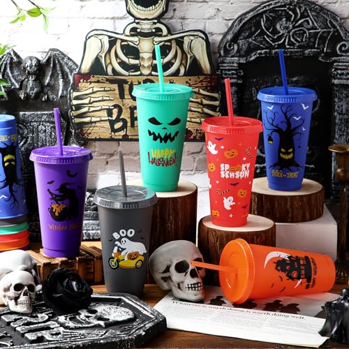 Umigy Halloween Plastic Cups with Lids & Straws - Classic Style, 24 oz, 24 Pack