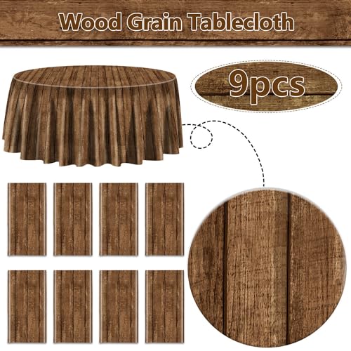9 Pcs Wooden Grain Round Tablecloths - Western Cowboy Party Decor - 84x84in - Variation 9