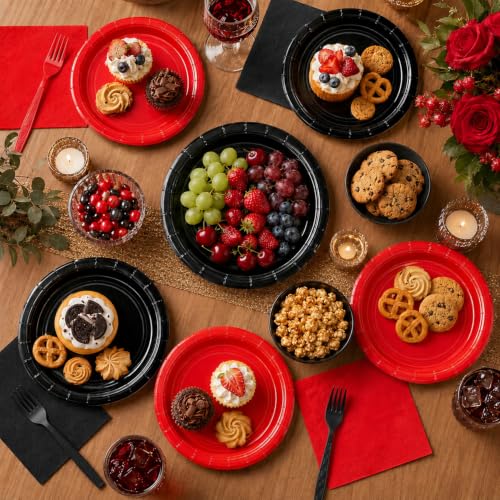 Red and Black Disposable Paper Dessert Plate & Napkin Set for Parties